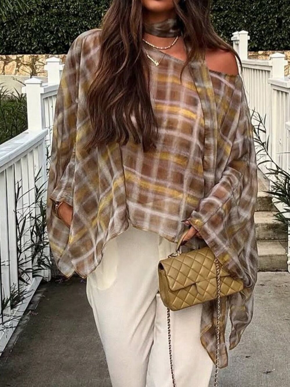 Multicolor Elegant Women's Chic Batwing Plaid Scarf Poncho
